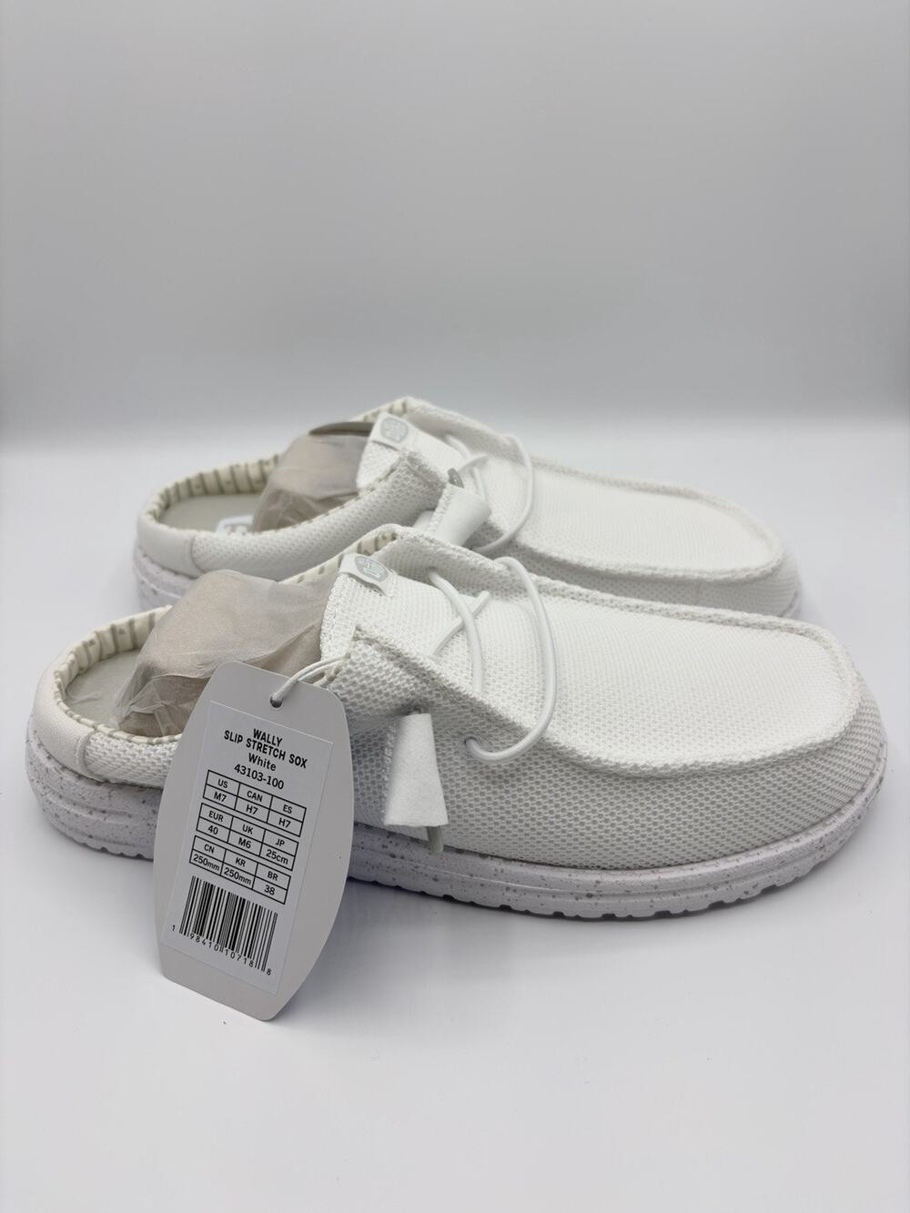 Hey Dude Wally Slip Stretch Sox Mens Loafers Shoes Sz 7 Mule White 43103-100 NWT